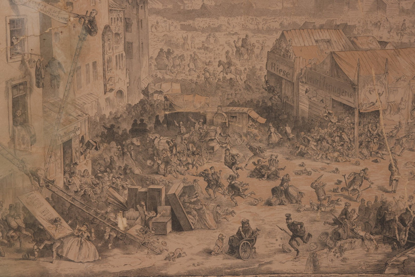Lot 145 - Antique German Lithograph “Der Löwe Kommt!” (“The Lion Is Coming!”) By Carl August Reinhardt, Published By Georg Wigand, Leipzig, Satiric Scene Of Crowd Panic After Rumored Escaped Circus Lion, Circa Mid 19th Century, Framed, 25" x 19"
