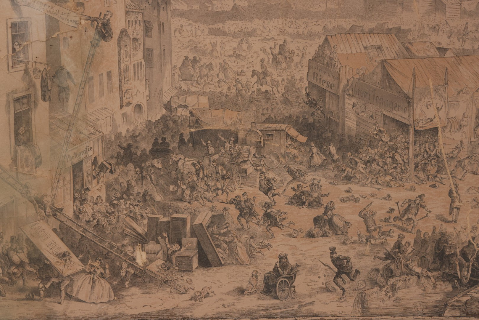 Lot 145 - Antique German Lithograph “Der Löwe Kommt!” (“The Lion Is Coming!”) By Carl August Reinhardt, Published By Georg Wigand, Leipzig, Satiric Scene Of Crowd Panic After Rumored Escaped Circus Lion, Circa Mid 19th Century, Framed, 25" x 19"