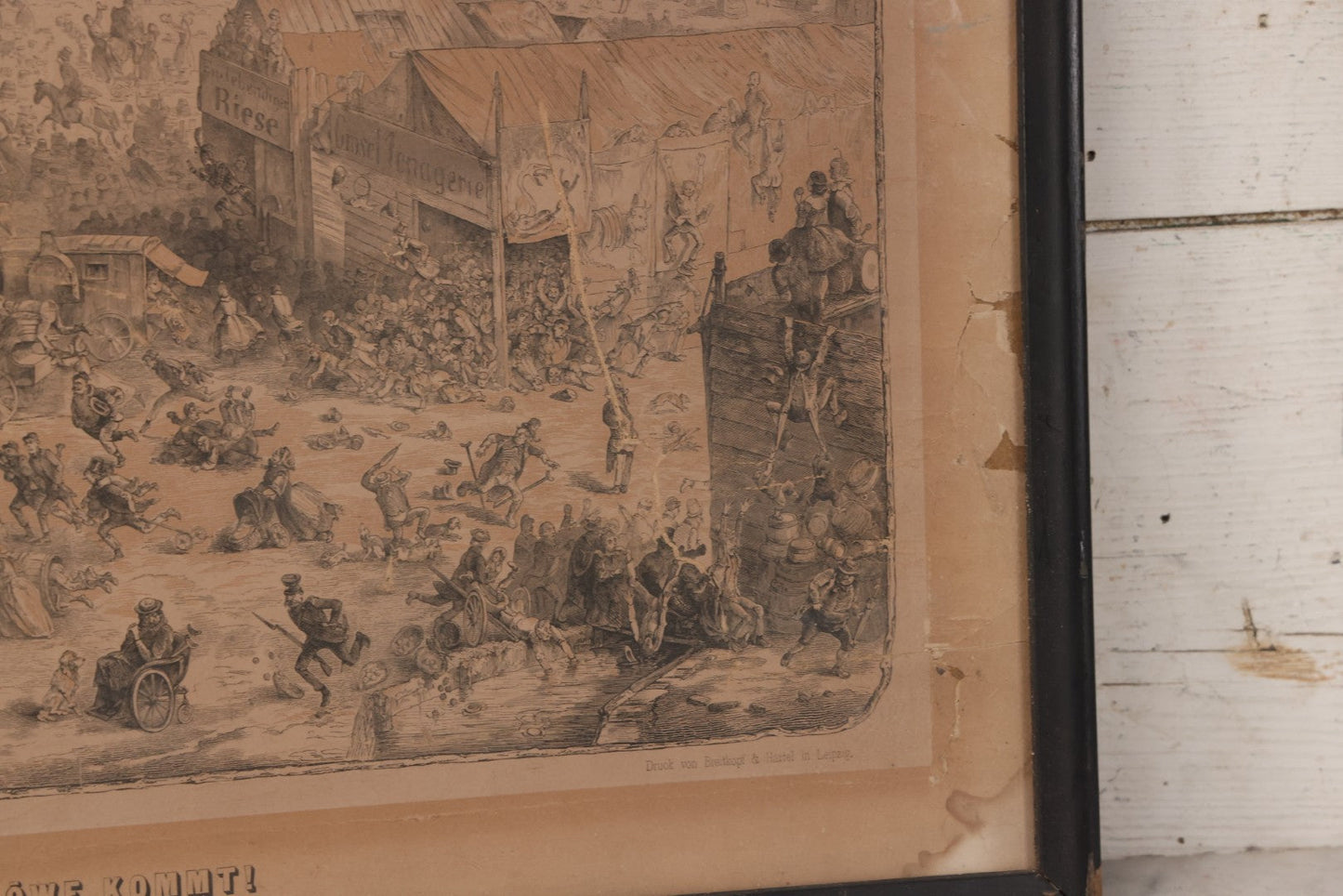Lot 145 - Antique German Lithograph “Der Löwe Kommt!” (“The Lion Is Coming!”) By Carl August Reinhardt, Published By Georg Wigand, Leipzig, Satiric Scene Of Crowd Panic After Rumored Escaped Circus Lion, Circa Mid 19th Century, Framed, 25" x 19"
