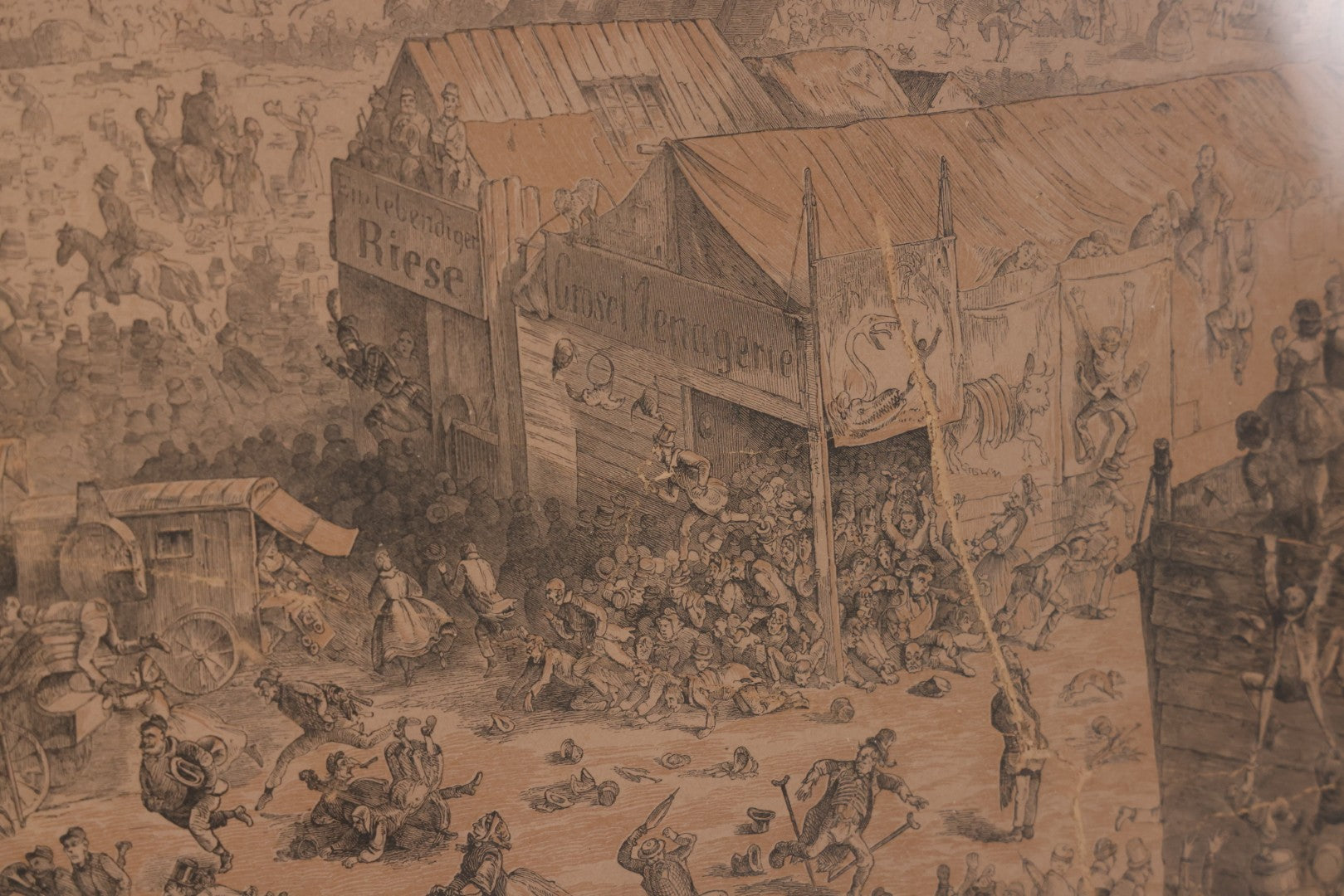 Lot 145 - Antique German Lithograph “Der Löwe Kommt!” (“The Lion Is Coming!”) By Carl August Reinhardt, Published By Georg Wigand, Leipzig, Satiric Scene Of Crowd Panic After Rumored Escaped Circus Lion, Circa Mid 19th Century, Framed, 25" x 19"