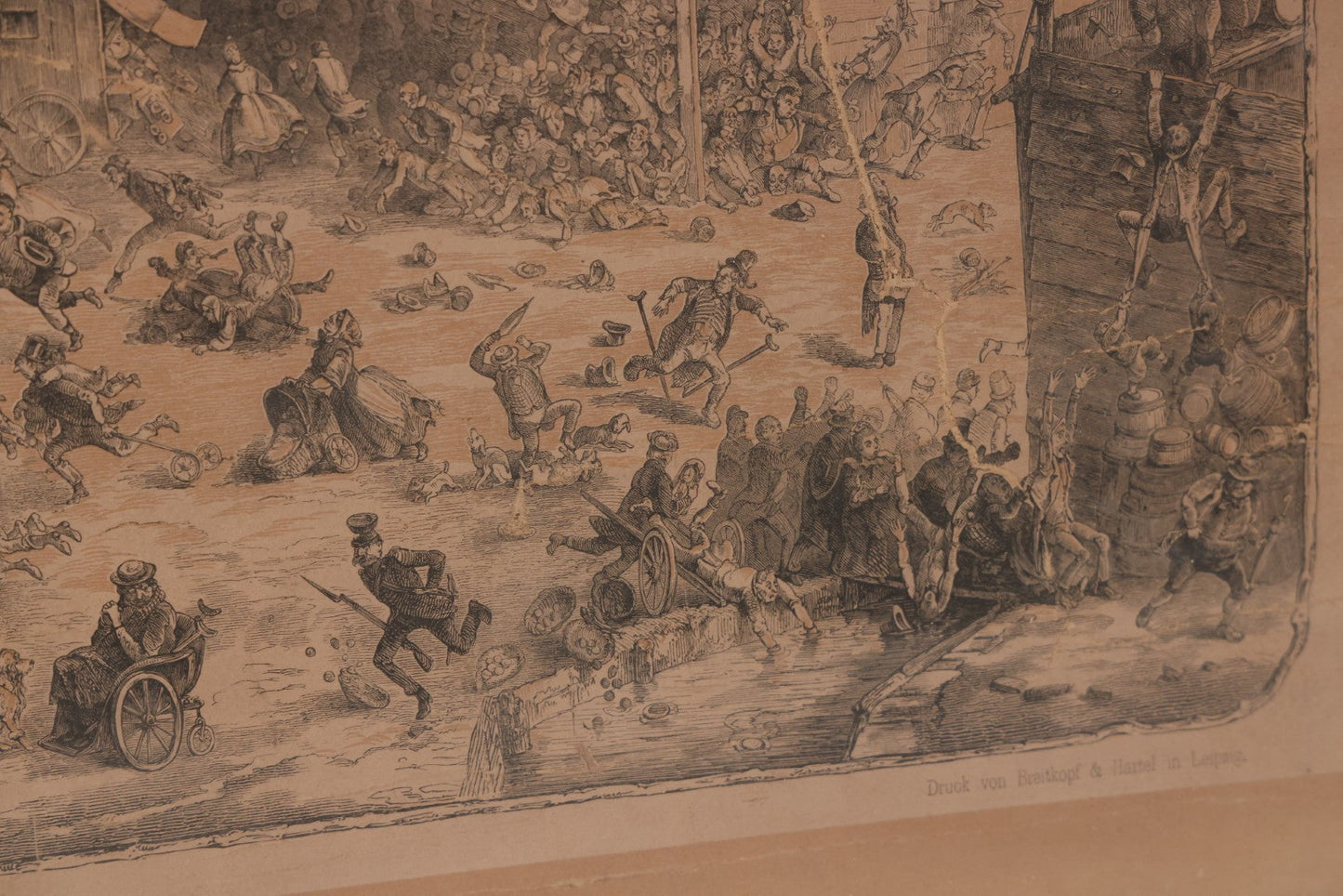 Lot 145 - Antique German Lithograph “Der Löwe Kommt!” (“The Lion Is Coming!”) By Carl August Reinhardt, Published By Georg Wigand, Leipzig, Satiric Scene Of Crowd Panic After Rumored Escaped Circus Lion, Circa Mid 19th Century, Framed, 25" x 19"