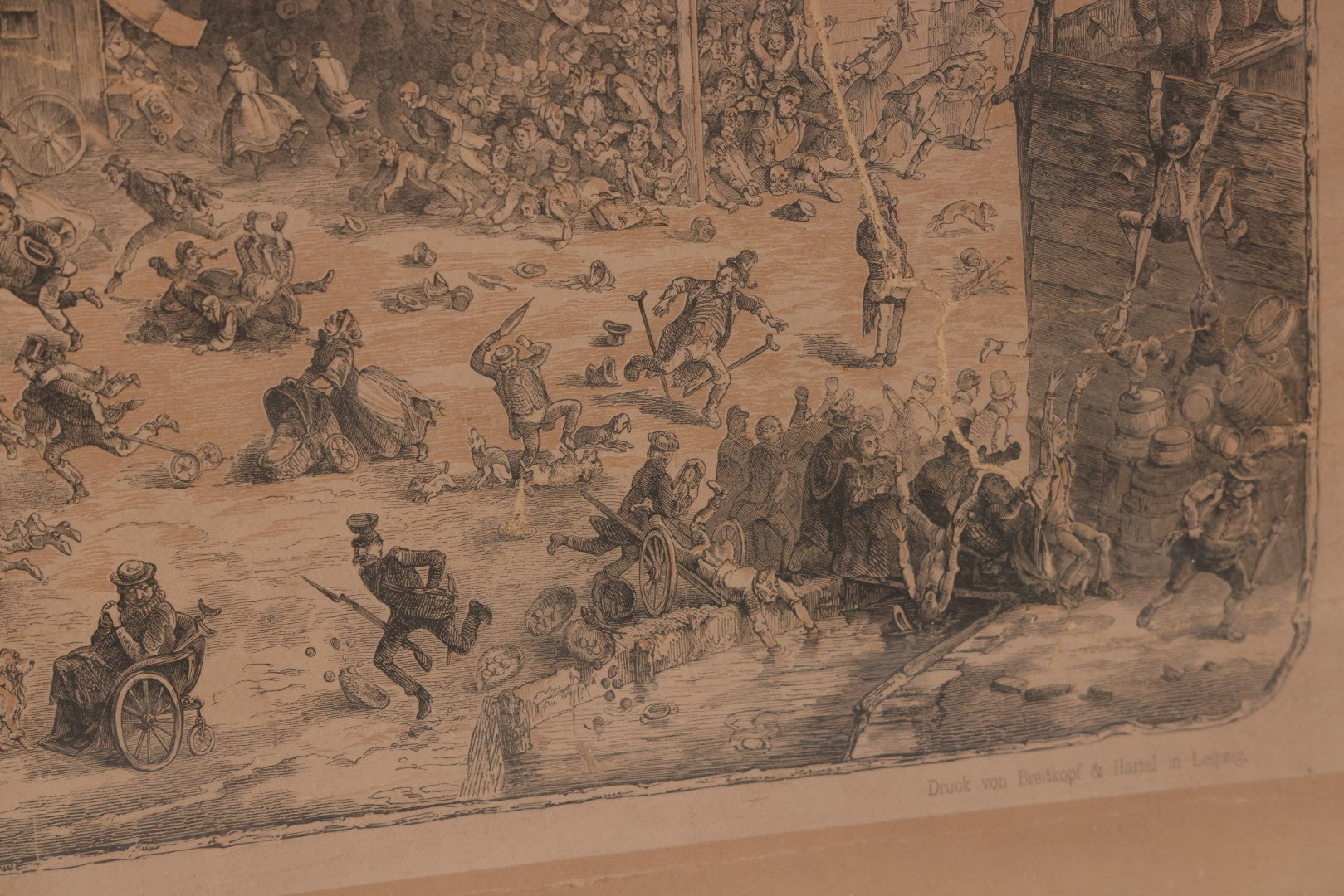 Lot 145 - Antique German Lithograph “Der Löwe Kommt!” (“The Lion Is Coming!”) By Carl August Reinhardt, Published By Georg Wigand, Leipzig, Satiric Scene Of Crowd Panic After Rumored Escaped Circus Lion, Circa Mid 19th Century, Framed, 25" x 19"