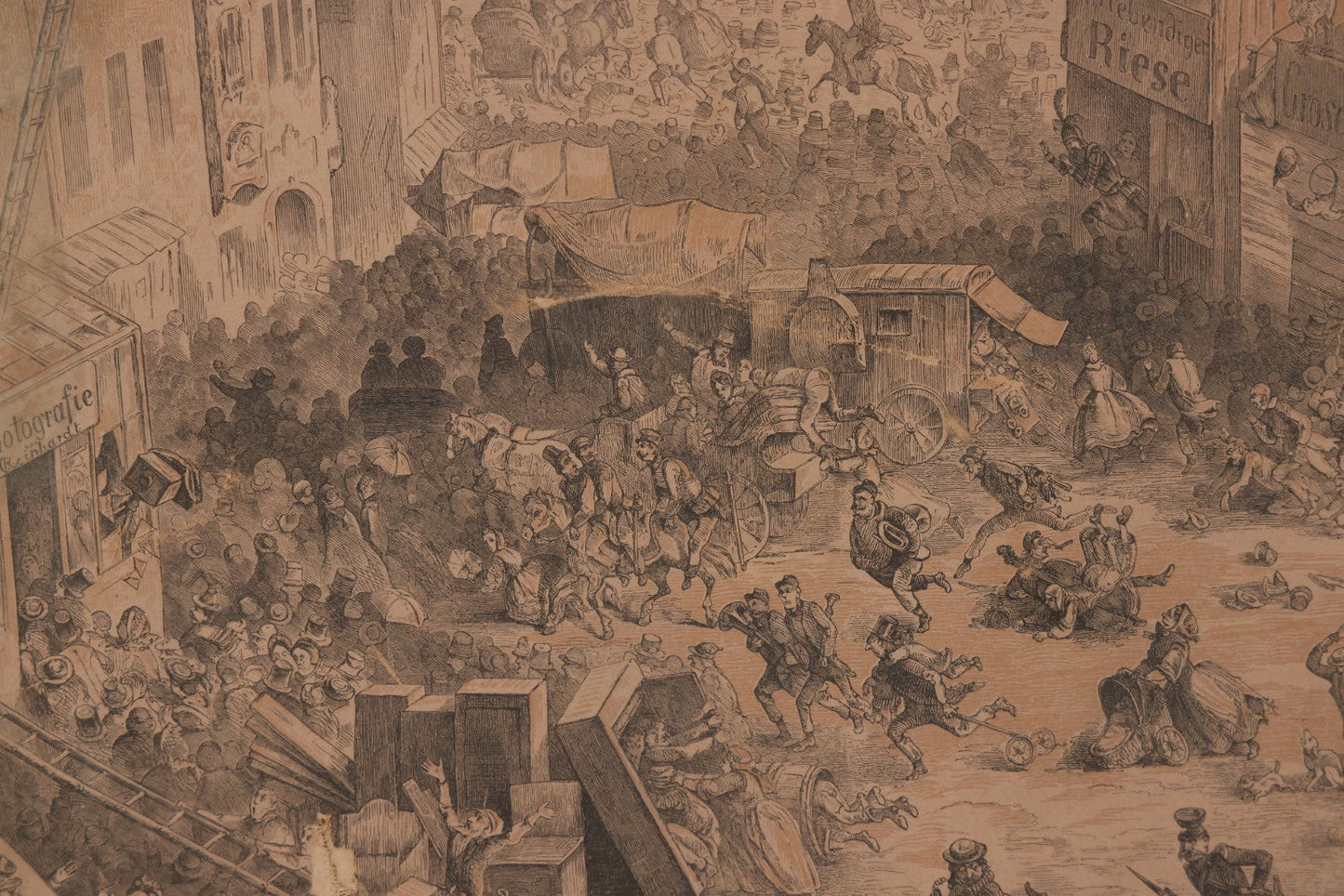 Lot 145 - Antique German Lithograph “Der Löwe Kommt!” (“The Lion Is Coming!”) By Carl August Reinhardt, Published By Georg Wigand, Leipzig, Satiric Scene Of Crowd Panic After Rumored Escaped Circus Lion, Circa Mid 19th Century, Framed, 25" x 19"