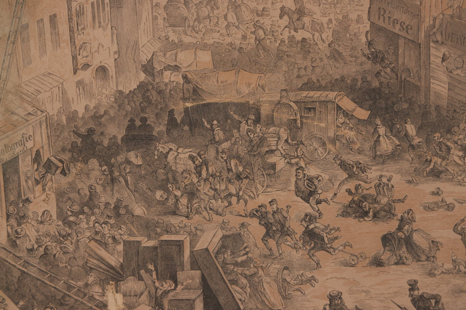 Lot 145 - Antique German Lithograph “Der Löwe Kommt!” (“The Lion Is Coming!”) By Carl August Reinhardt, Published By Georg Wigand, Leipzig, Satiric Scene Of Crowd Panic After Rumored Escaped Circus Lion, Circa Mid 19th Century, Framed, 25" x 19"