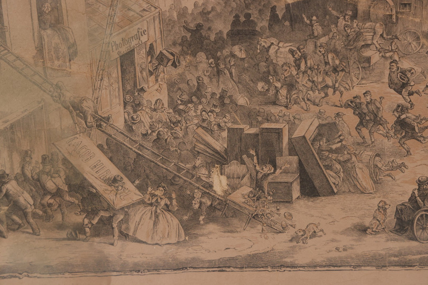 Lot 145 - Antique German Lithograph “Der Löwe Kommt!” (“The Lion Is Coming!”) By Carl August Reinhardt, Published By Georg Wigand, Leipzig, Satiric Scene Of Crowd Panic After Rumored Escaped Circus Lion, Circa Mid 19th Century, Framed, 25" x 19"