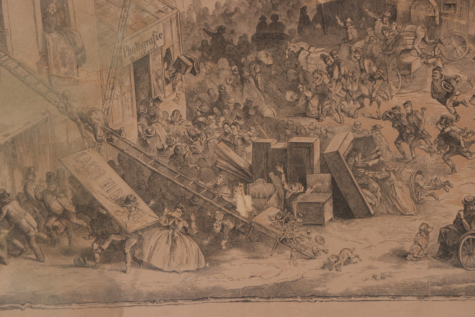Lot 145 - Antique German Lithograph “Der Löwe Kommt!” (“The Lion Is Coming!”) By Carl August Reinhardt, Published By Georg Wigand, Leipzig, Satiric Scene Of Crowd Panic After Rumored Escaped Circus Lion, Circa Mid 19th Century, Framed, 25" x 19"
