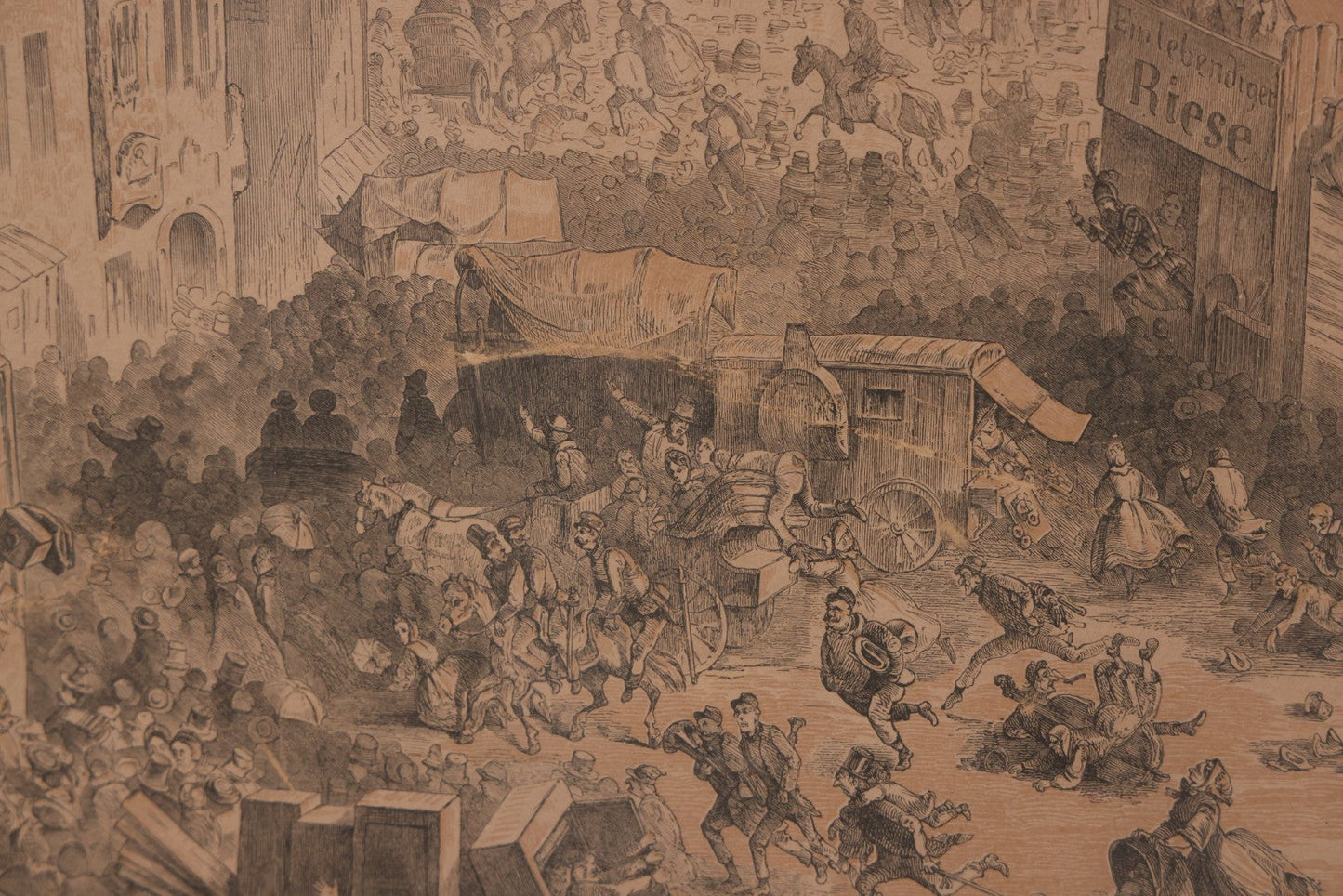 Lot 145 - Antique German Lithograph “Der Löwe Kommt!” (“The Lion Is Coming!”) By Carl August Reinhardt, Published By Georg Wigand, Leipzig, Satiric Scene Of Crowd Panic After Rumored Escaped Circus Lion, Circa Mid 19th Century, Framed, 25" x 19"