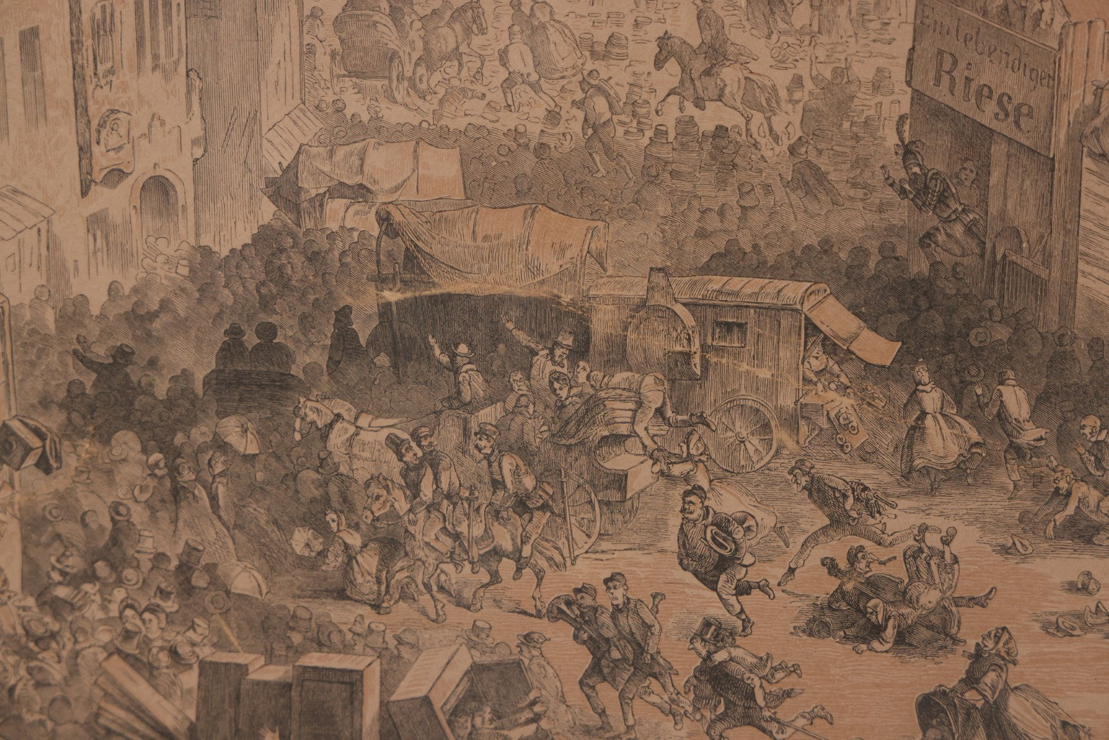 Lot 145 - Antique German Lithograph “Der Löwe Kommt!” (“The Lion Is Coming!”) By Carl August Reinhardt, Published By Georg Wigand, Leipzig, Satiric Scene Of Crowd Panic After Rumored Escaped Circus Lion, Circa Mid 19th Century, Framed, 25" x 19"