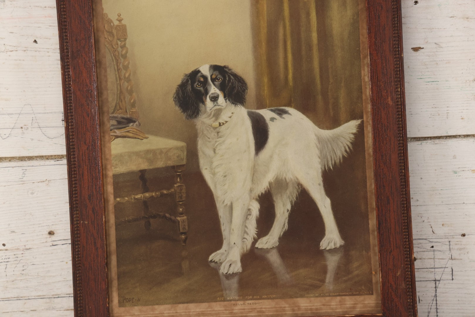 Lot 147 - Antique Chromolithograph Print Titled “Waiting For His Master” Depicting Dog Waiting For His Human, After Aexander Pope Jr., Published By The Gerlach Barklow Co., Joliet, Illinois, 1911, Framed, 14-1/2" x 18-3/8"