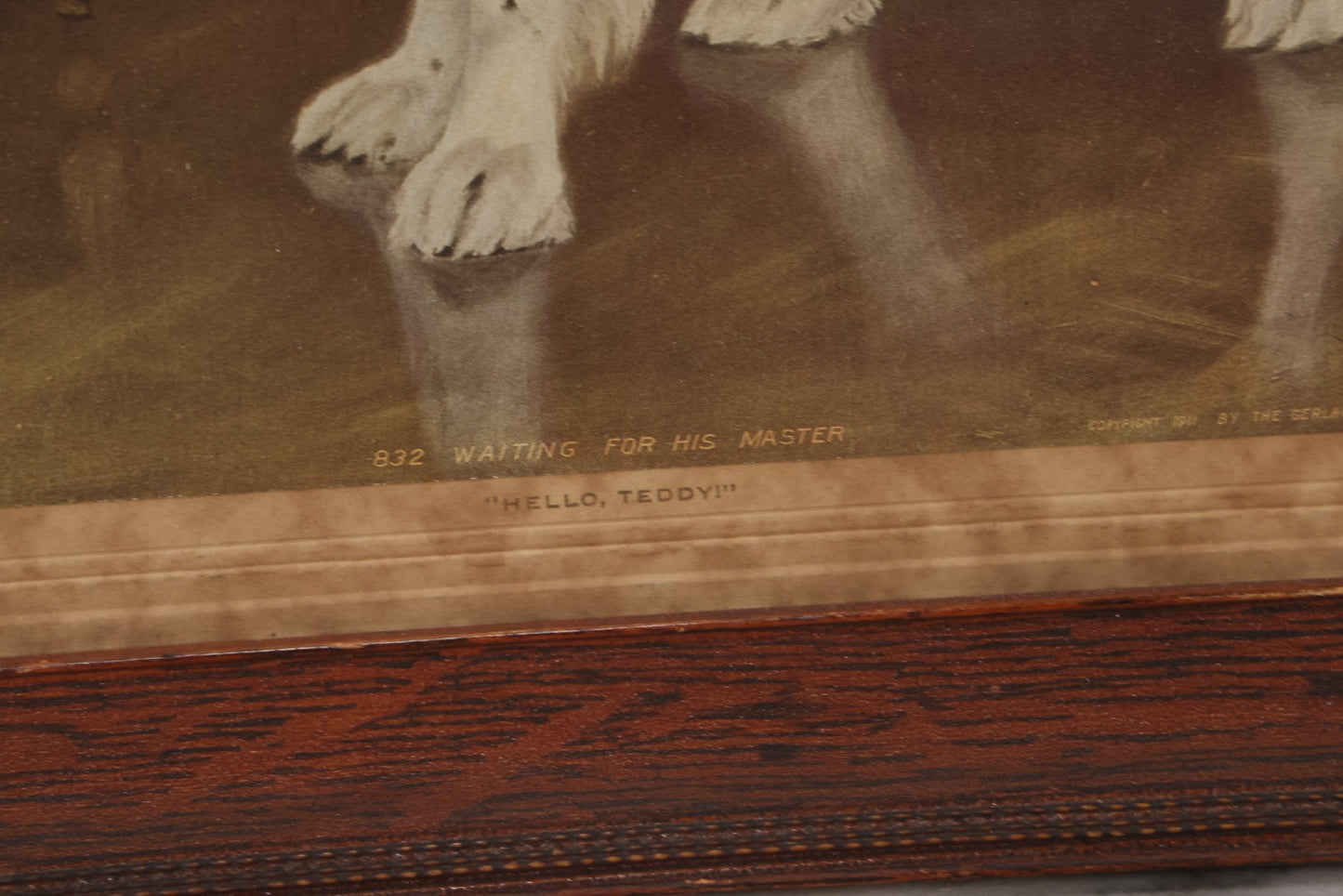 Lot 147 - Antique Chromolithograph Print Titled “Waiting For His Master” Depicting Dog Waiting For His Human, After Aexander Pope Jr., Published By The Gerlach Barklow Co., Joliet, Illinois, 1911, Framed, 14-1/2" x 18-3/8"