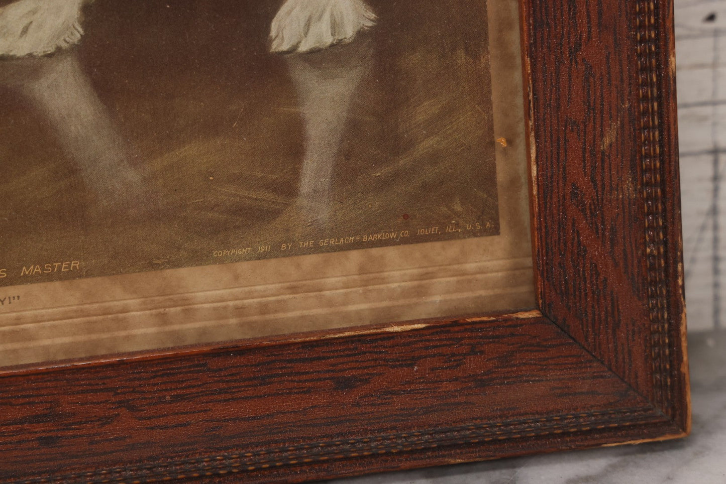Lot 147 - Antique Chromolithograph Print Titled “Waiting For His Master” Depicting Dog Waiting For His Human, After Aexander Pope Jr., Published By The Gerlach Barklow Co., Joliet, Illinois, 1911, Framed, 14-1/2" x 18-3/8"