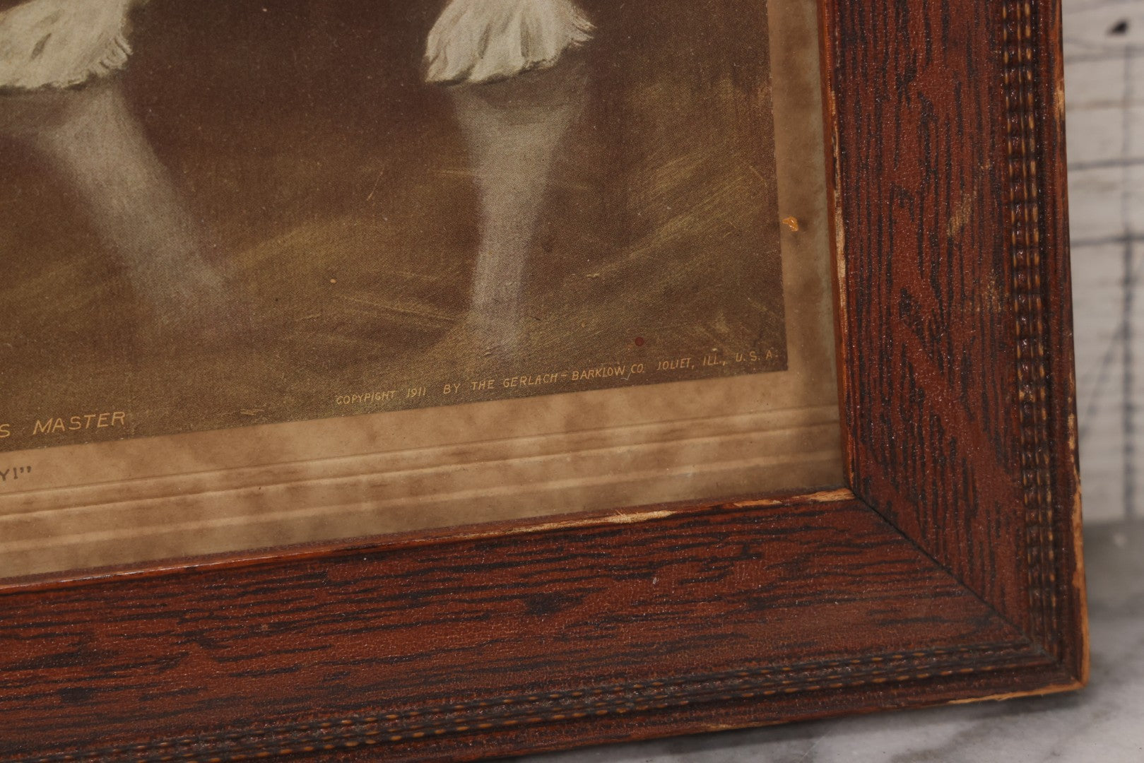 Lot 147 - Antique Chromolithograph Print Titled “Waiting For His Master” Depicting Dog Waiting For His Human, After Aexander Pope Jr., Published By The Gerlach Barklow Co., Joliet, Illinois, 1911, Framed, 14-1/2" x 18-3/8"
