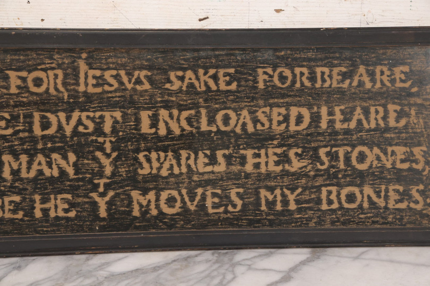 Lot 149 - Vintage Grave Rubbing Of Shakespeare's Tomb Inscription, “Blessed Be The Man That Spares These Stones, And Cursed Be He That Moves My Bones,” Framed, 36-3/4" x 11-3/4"