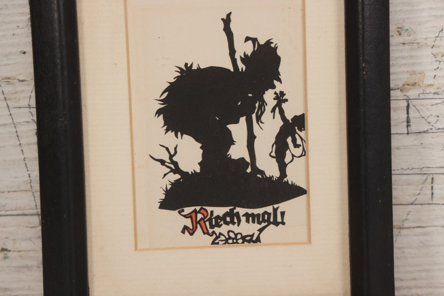 Lot 151 - Vintage Silhouette Artwork “Reich Mal!”("Rich Enough!") Depicting Forest Man Greeting Child With Flowers, Framed, 6-1/8" x 8-1/8"