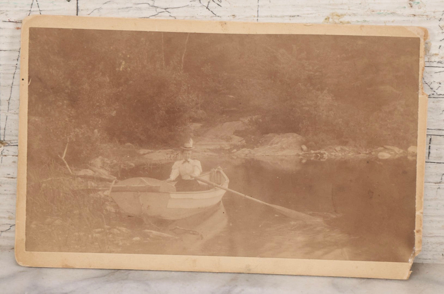 Lot 155 - Antique Boudoir-Sized Cabinet Card Photograph Of Woman In Hat Rowing A Boat