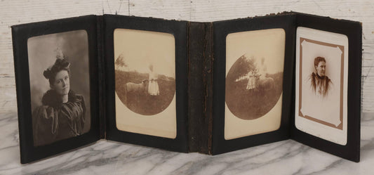 Lot 157 - Antique Quad-Fold Leatherette Photo Folder Wallet With Four Cabinet Card Photographs, Including Woman's Portraits And Children With Lamb