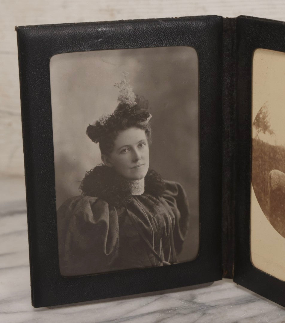 Lot 157 - Antique Quad-Fold Leatherette Photo Folder Wallet With Four Cabinet Card Photographs, Including Woman's Portraits And Children With Lamb