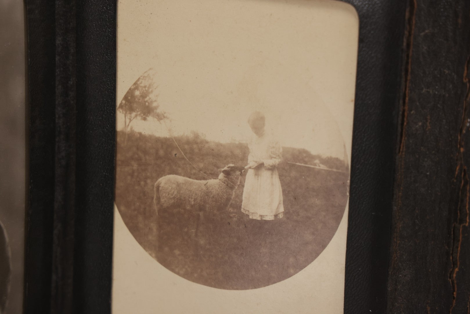 Lot 157 - Antique Quad-Fold Leatherette Photo Folder Wallet With Four Cabinet Card Photographs, Including Woman's Portraits And Children With Lamb