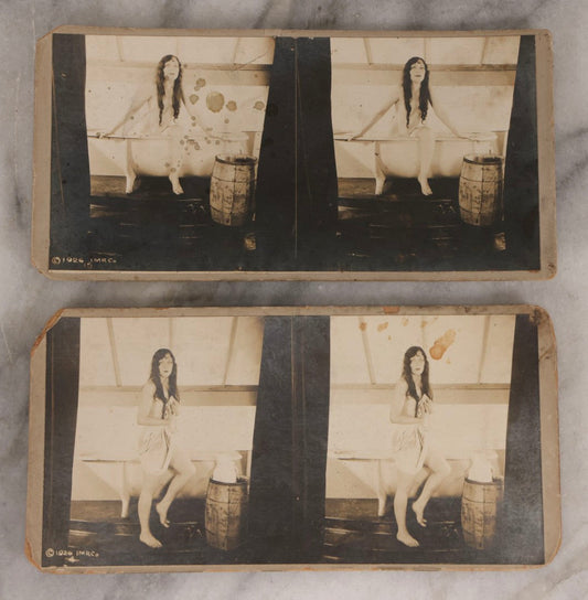 Lot 158 - Pair Of Vintage Risqué Stereograph Photo Cards Depicting Nude Woman In Bath Tub And Posing With Towel, Copyright 1926 By I.M.R. Co. 