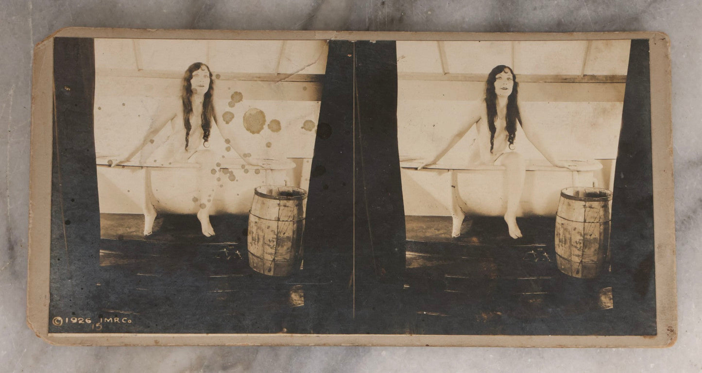 Lot 158 - Pair Of Vintage Risqué Stereograph Photo Cards Depicting Nude Woman In Bath Tub And Posing With Towel, Copyright 1926 By I.M.R. Co. 