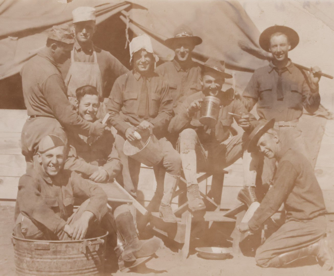 Lot 161 - Antique Real Photo Postcard R.P.P.C.. Of Young Men, Possibly Soldiers, Horsing Around At Camp Outside Tent