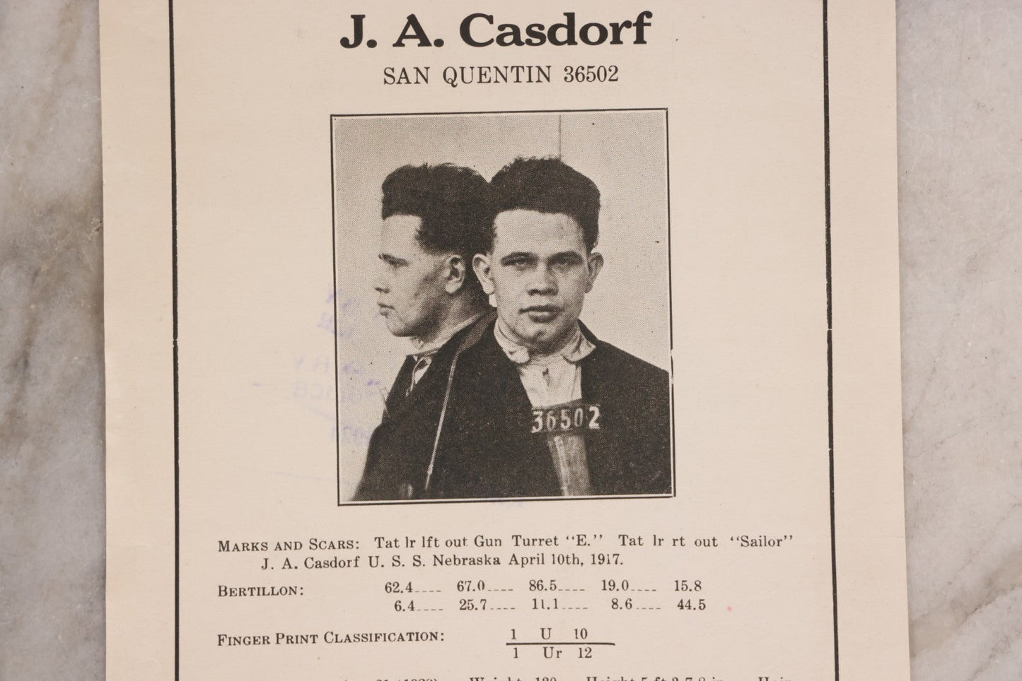 Lot 165 - Antique Wanted Poster Circular No. 823 For J. A. Casdorf, Parole Violator, San Quentin Prison, California, Stamped By Received By Chief Of Police, 1924
