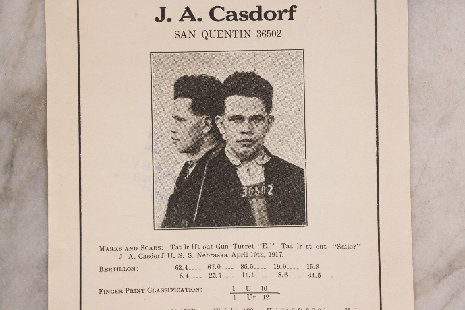 Lot 165 - Antique Wanted Poster Circular No. 823 For J. A. Casdorf, Parole Violator, San Quentin Prison, California, Stamped By Received By Chief Of Police, 1924