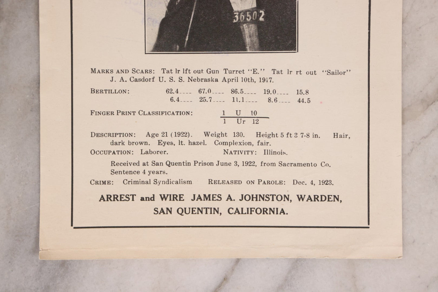 Lot 165 - Antique Wanted Poster Circular No. 823 For J. A. Casdorf, Parole Violator, San Quentin Prison, California, Stamped By Received By Chief Of Police, 1924