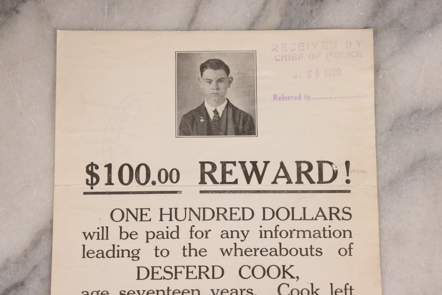 Lot 166 - Antique $100 Reward Broadside For Missing Seventeen-Year-Old Desferd Cook, Buffalo, New York, Stamped By Chief Of Police And Captain Of Detectives, 1920