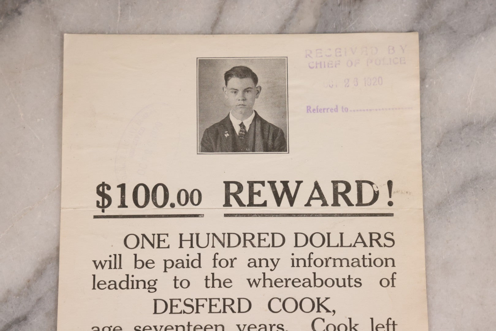 Lot 166 - Antique $100 Reward Broadside For Missing Seventeen-Year-Old Desferd Cook, Buffalo, New York, Stamped By Chief Of Police And Captain Of Detectives, 1920