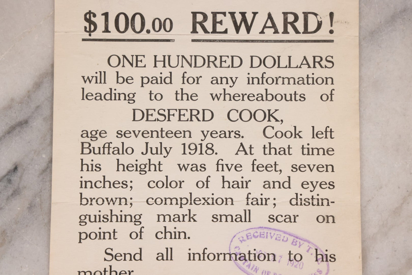 Lot 166 - Antique $100 Reward Broadside For Missing Seventeen-Year-Old Desferd Cook, Buffalo, New York, Stamped By Chief Of Police And Captain Of Detectives, 1920