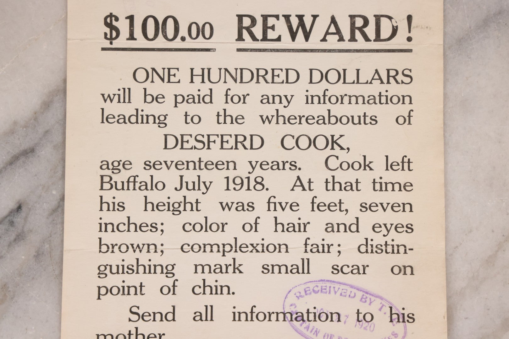 Lot 166 - Antique $100 Reward Broadside For Missing Seventeen-Year-Old Desferd Cook, Buffalo, New York, Stamped By Chief Of Police And Captain Of Detectives, 1920