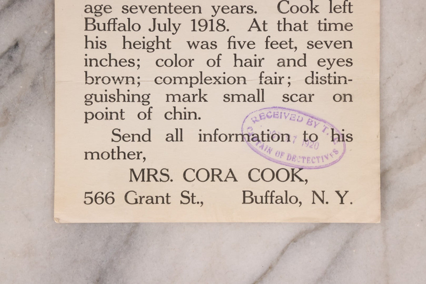 Lot 166 - Antique $100 Reward Broadside For Missing Seventeen-Year-Old Desferd Cook, Buffalo, New York, Stamped By Chief Of Police And Captain Of Detectives, 1920
