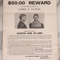 Lot 167 - Antique $50 Reward Broadside Wanted Poster For The Arrest Of James F. Guinn, Deserter From The U.S. Army, Issued By The Adjutant General Of The Army, Washington, D.C., 1911