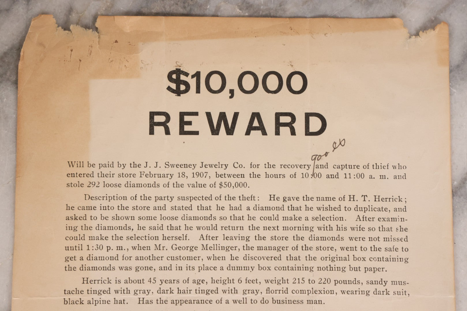 Lot 170 - Antique $10,000 Reward Broadside Wanted Poster For Jewel Thief H. T. Herrick, Theft Of 292 Loose Diamonds From J. J. Sweeney Jewelry Co., Houston, Texas, 1907