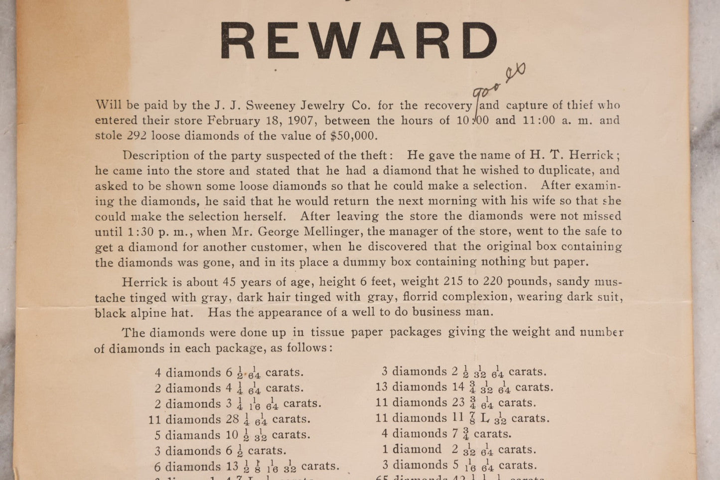 Lot 170 - Antique $10,000 Reward Broadside Wanted Poster For Jewel Thief H. T. Herrick, Theft Of 292 Loose Diamonds From J. J. Sweeney Jewelry Co., Houston, Texas, 1907
