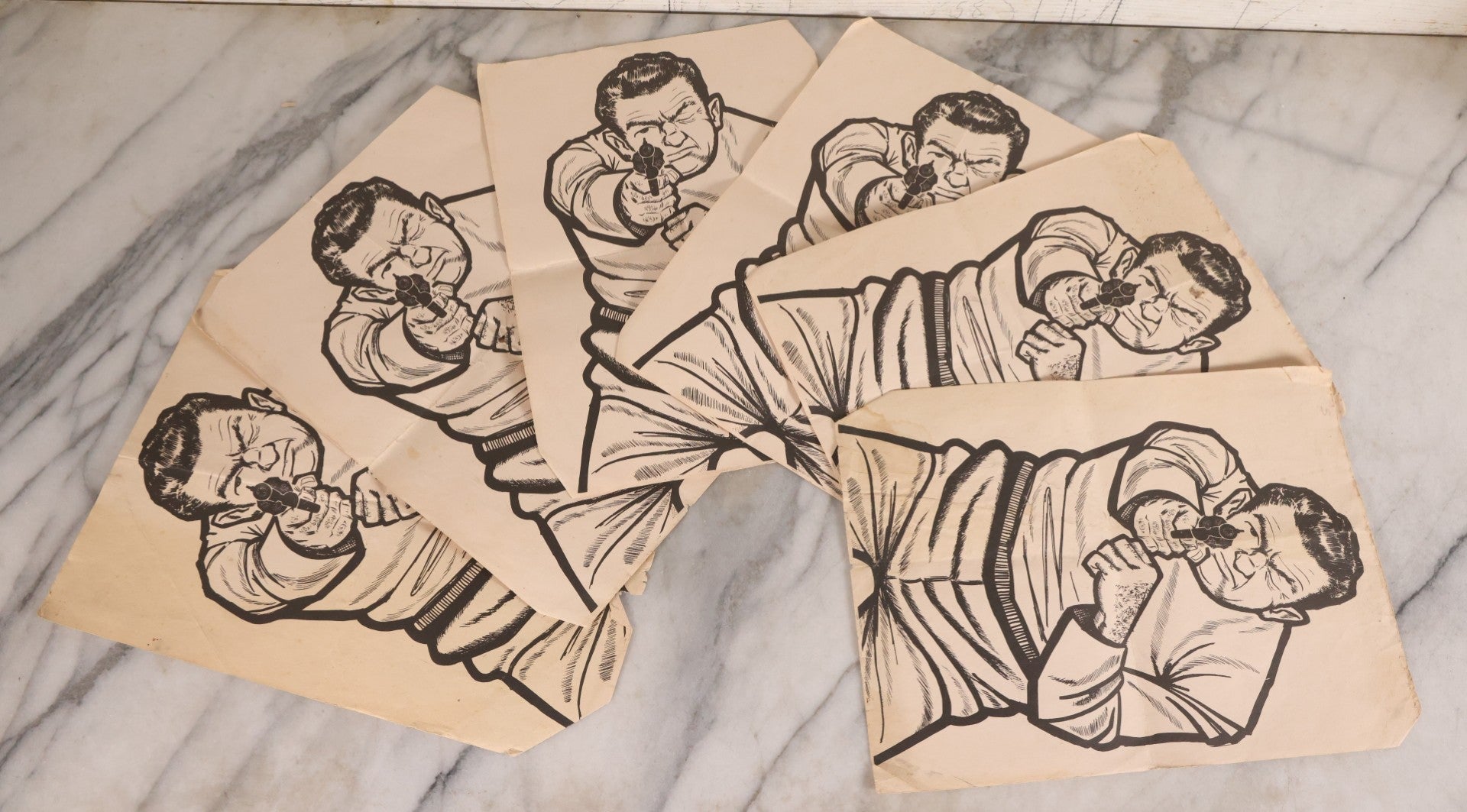 Lot 171 - Grouping Of Six Vintage Practice Shooting Targets With Printed Illustration Of Gangster Aiming Revolver, Circa 1950s