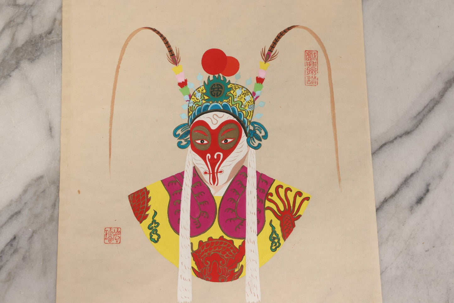 Lot 172 - Vintage Chinese Peking Opera Character Painting with Red Mask and Pheasant Plume Headdress