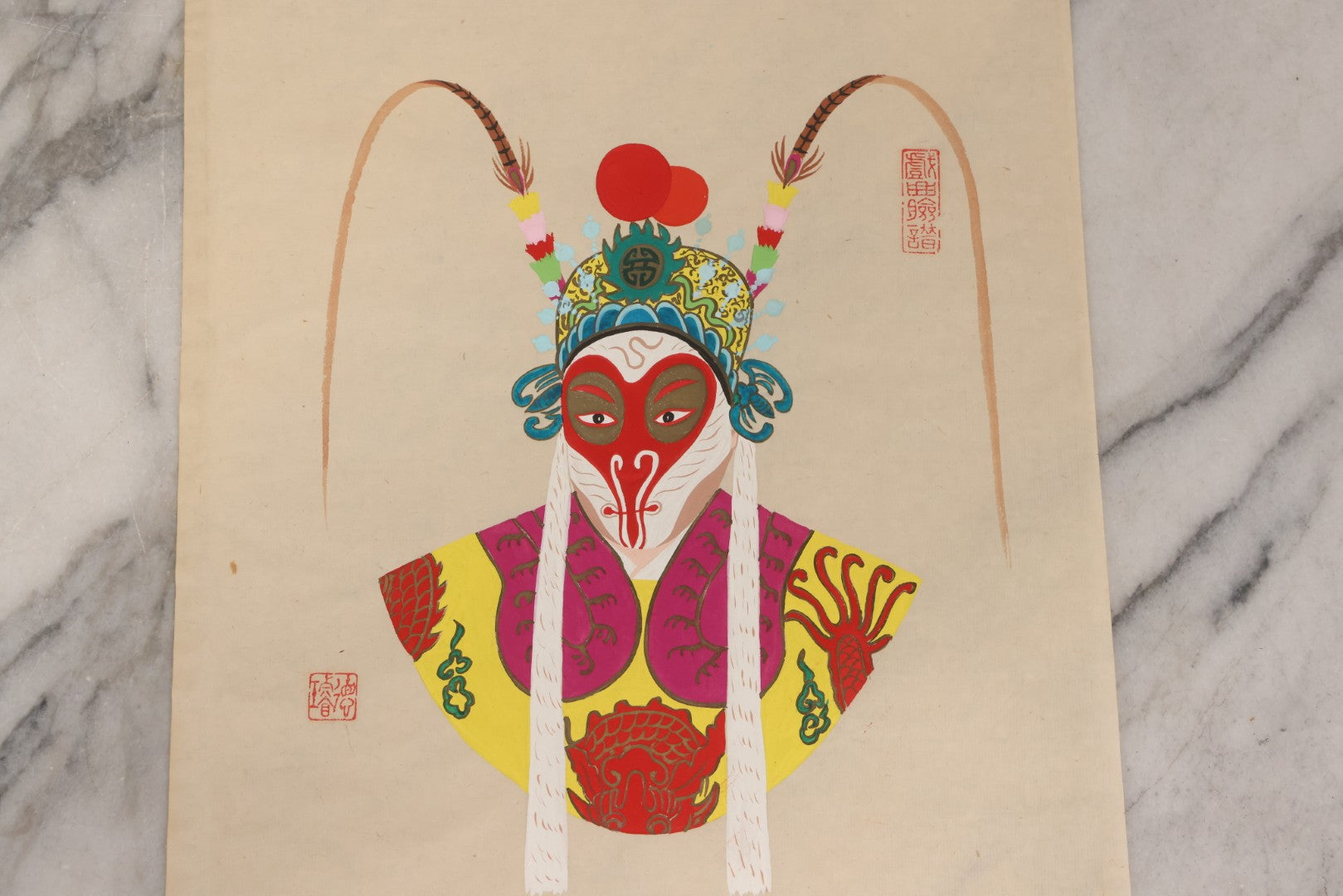 Lot 172 - Vintage Chinese Peking Opera Character Painting with Red Mask and Pheasant Plume Headdress