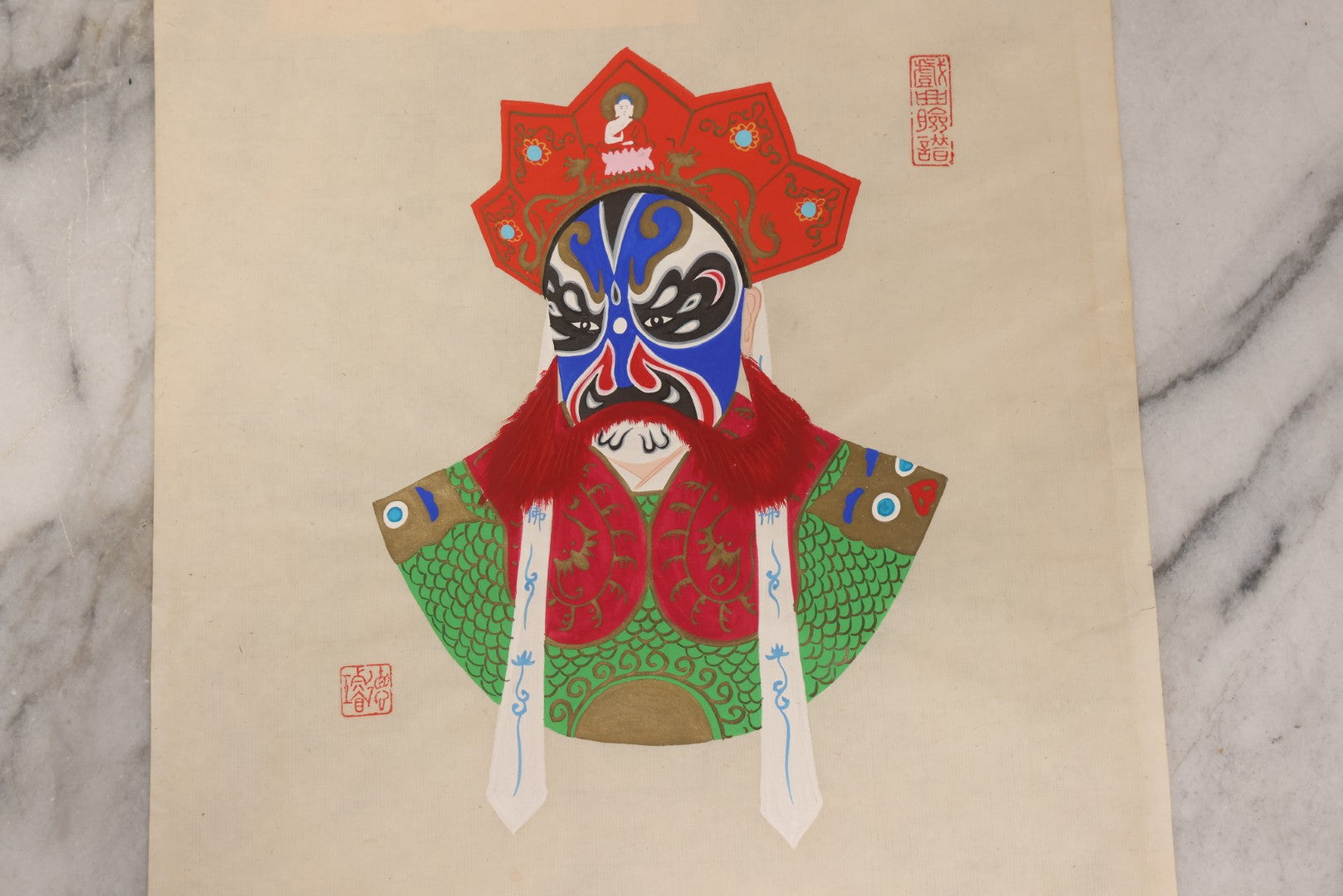 Lot 173 - Vintage Chinese Peking Opera Character Painting with Blue Mask, Red Beard, and Green Scale Armor
