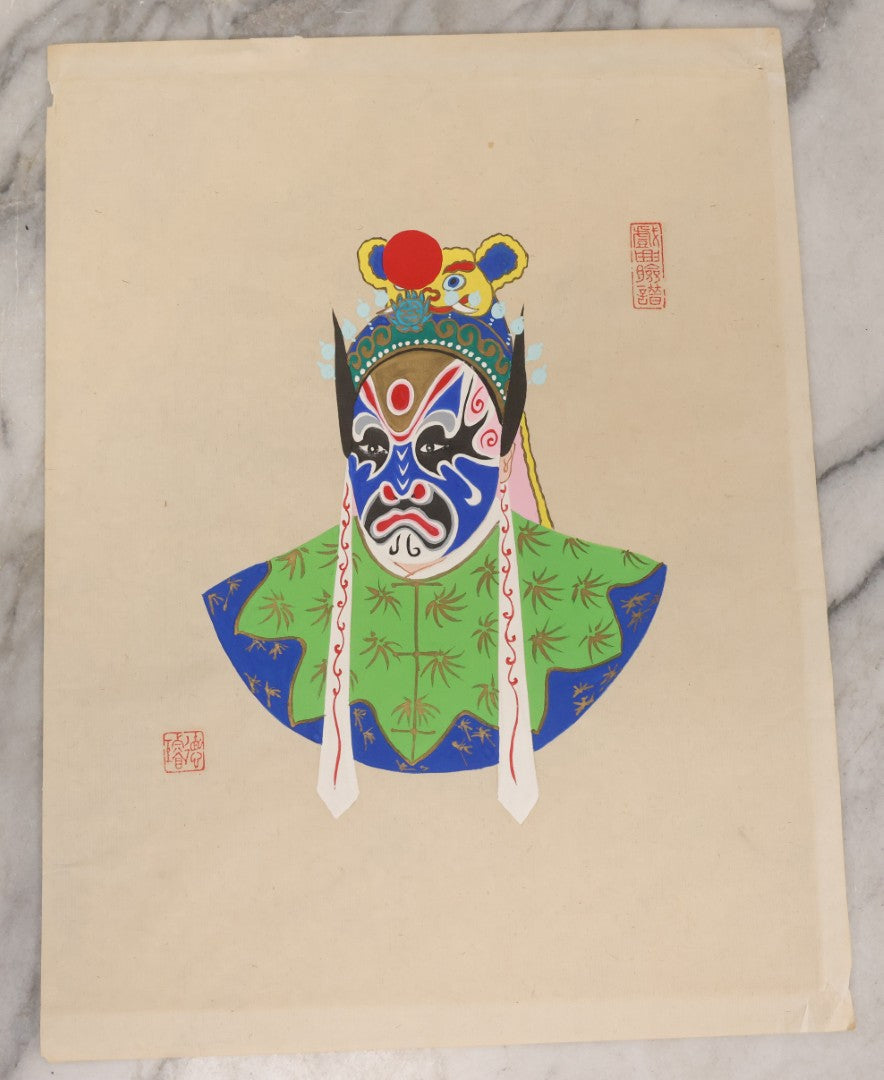 Lot 175 - Vintage Chinese Peking Opera Character Painting with Blue and White Mask and Yellow Animal Headdress
