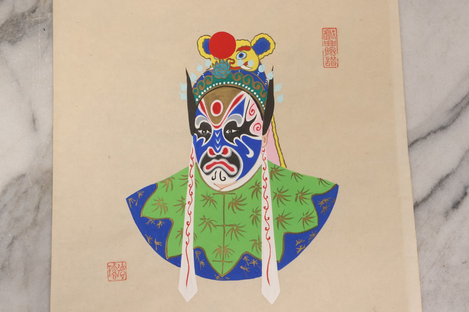Lot 175 - Vintage Chinese Peking Opera Character Painting with Blue and White Mask and Yellow Animal Headdress