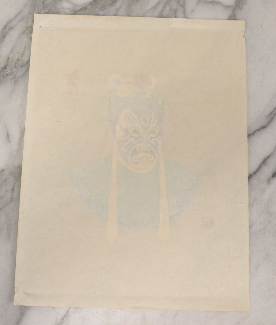 Lot 175 - Vintage Chinese Peking Opera Character Painting with Blue and White Mask and Yellow Animal Headdress