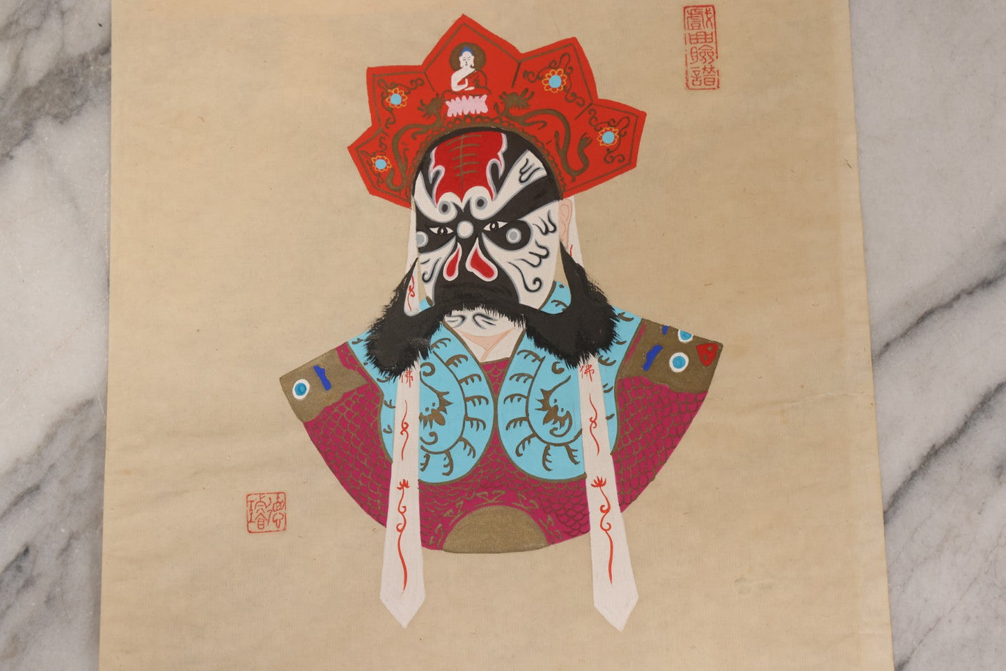 Lot 177 - Vintage Chinese Peking Opera Character Painting with Blue Mask, Black Beard, and Red Crown