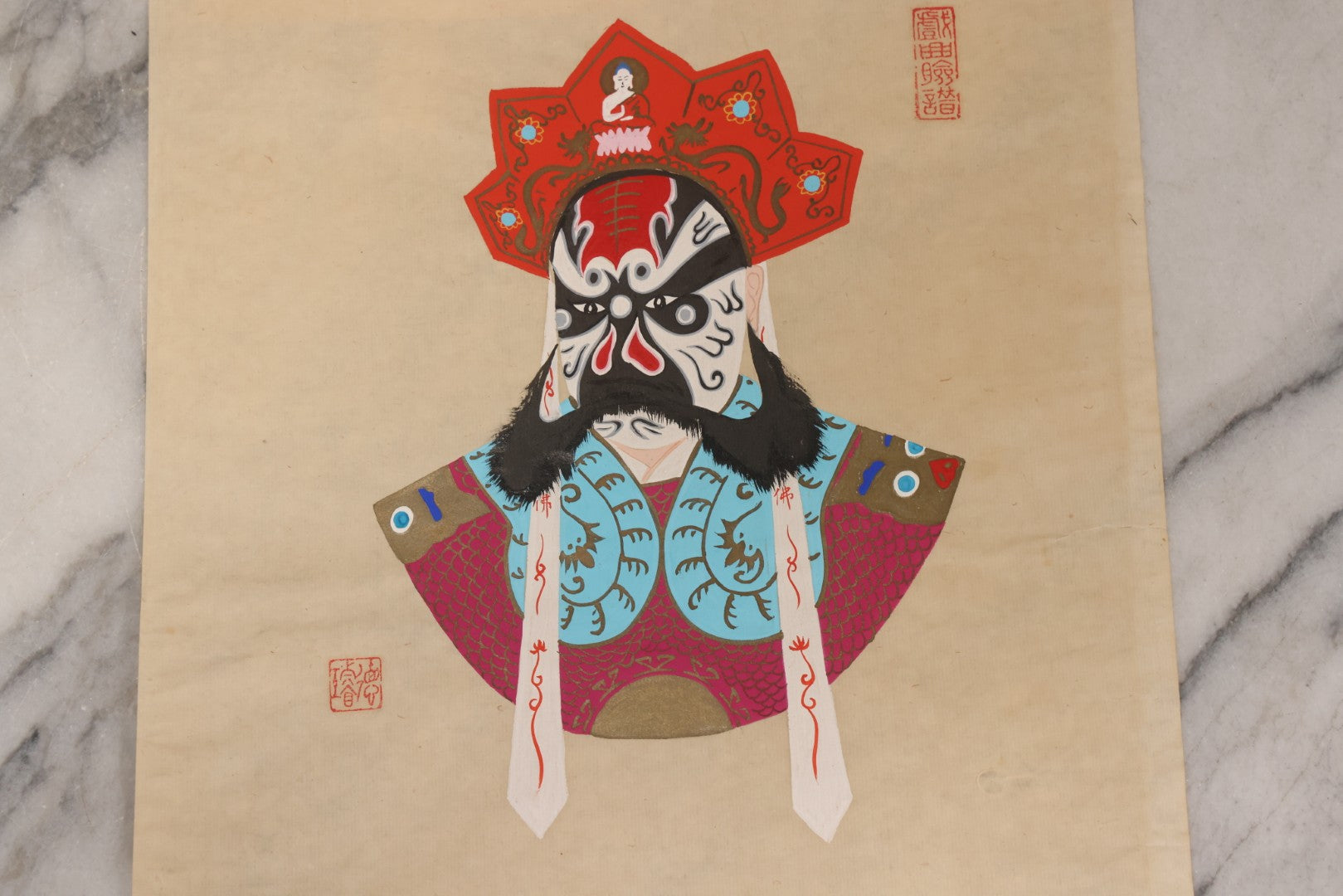 Lot 177 - Vintage Chinese Peking Opera Character Painting with Blue Mask, Black Beard, and Red Crown