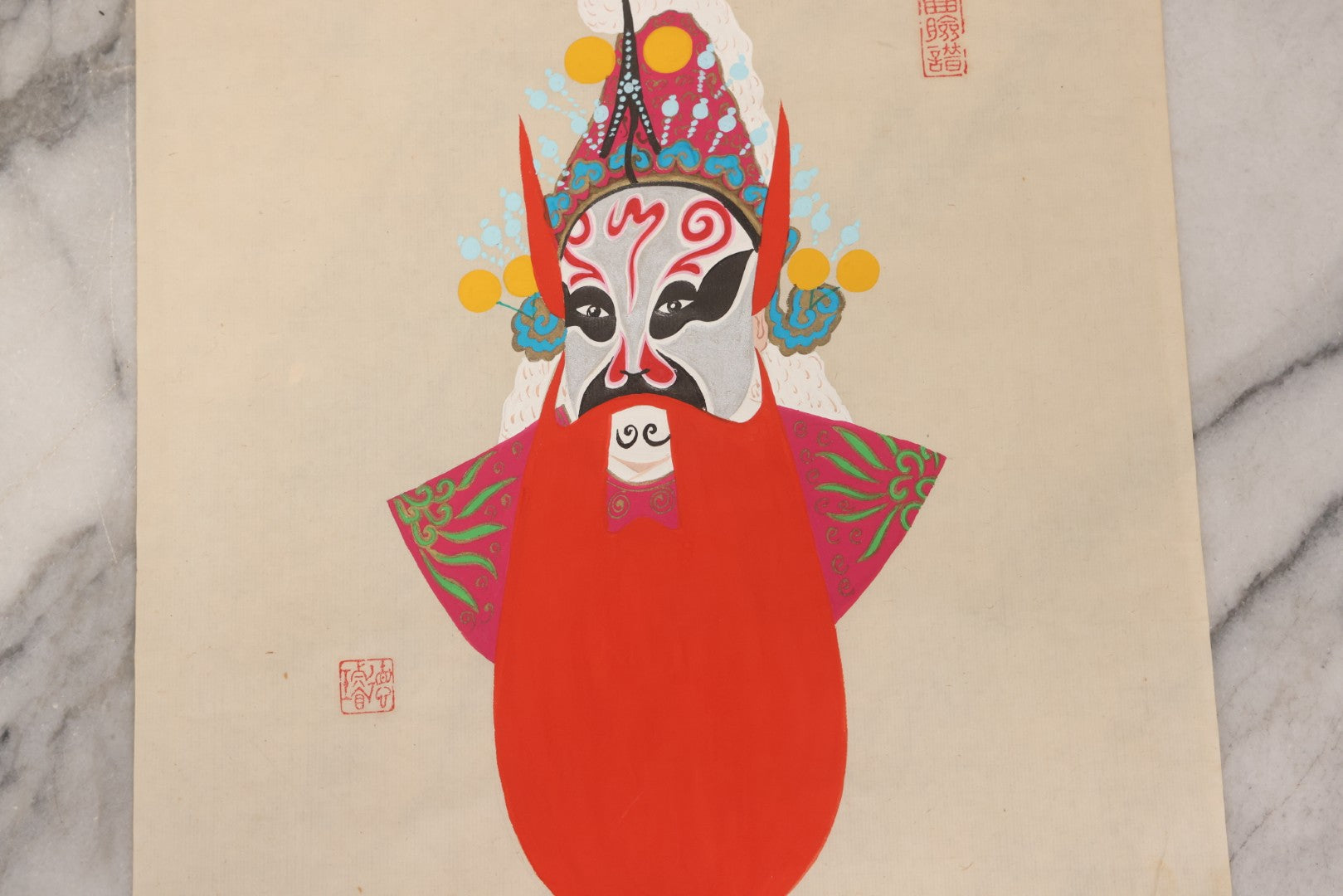 Lot 178 - Vintage Chinese Peking Opera Character Painting with Red and Black Mask, White Crest Crown, and Red Bib Armor