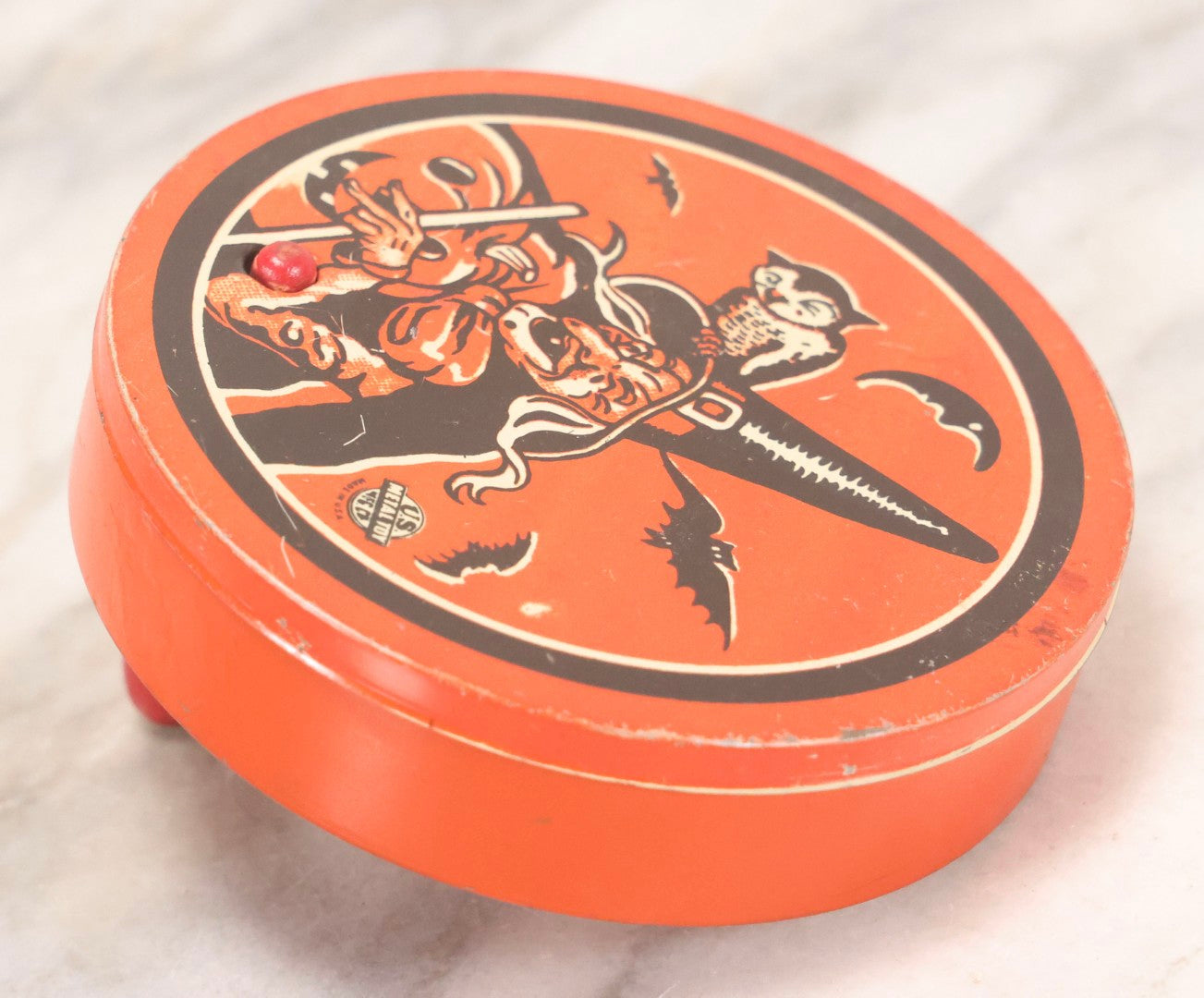Lot 180 - Vintage Tin Lithograph Halloween Noisemaker With Witch, Owl, And Jack-O-Lantern J.O.L. By U.S. Metal Toy Mfg. Co., Made In U.S.A..