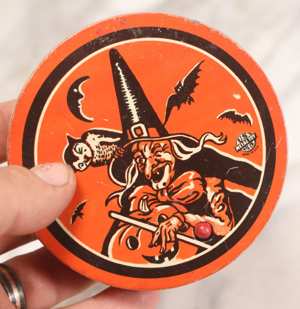Lot 180 - Vintage Tin Lithograph Halloween Noisemaker With Witch, Owl, And Jack-O-Lantern J.O.L. By U.S. Metal Toy Mfg. Co., Made In U.S.A..