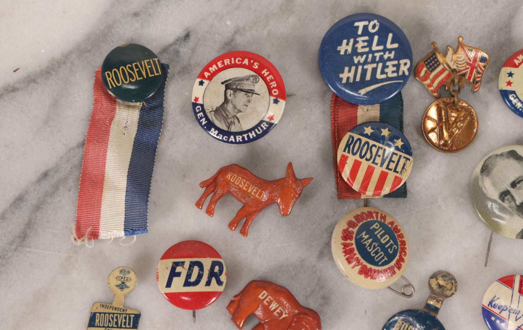 Lot 186 - Grouping Of 20 Vintage Franklin D. Roosevelt Era Political Buttons And Badges Including “Remember Pearl Harbor,” “To Hell With Hitler,” And Democratic Donkey Pin
