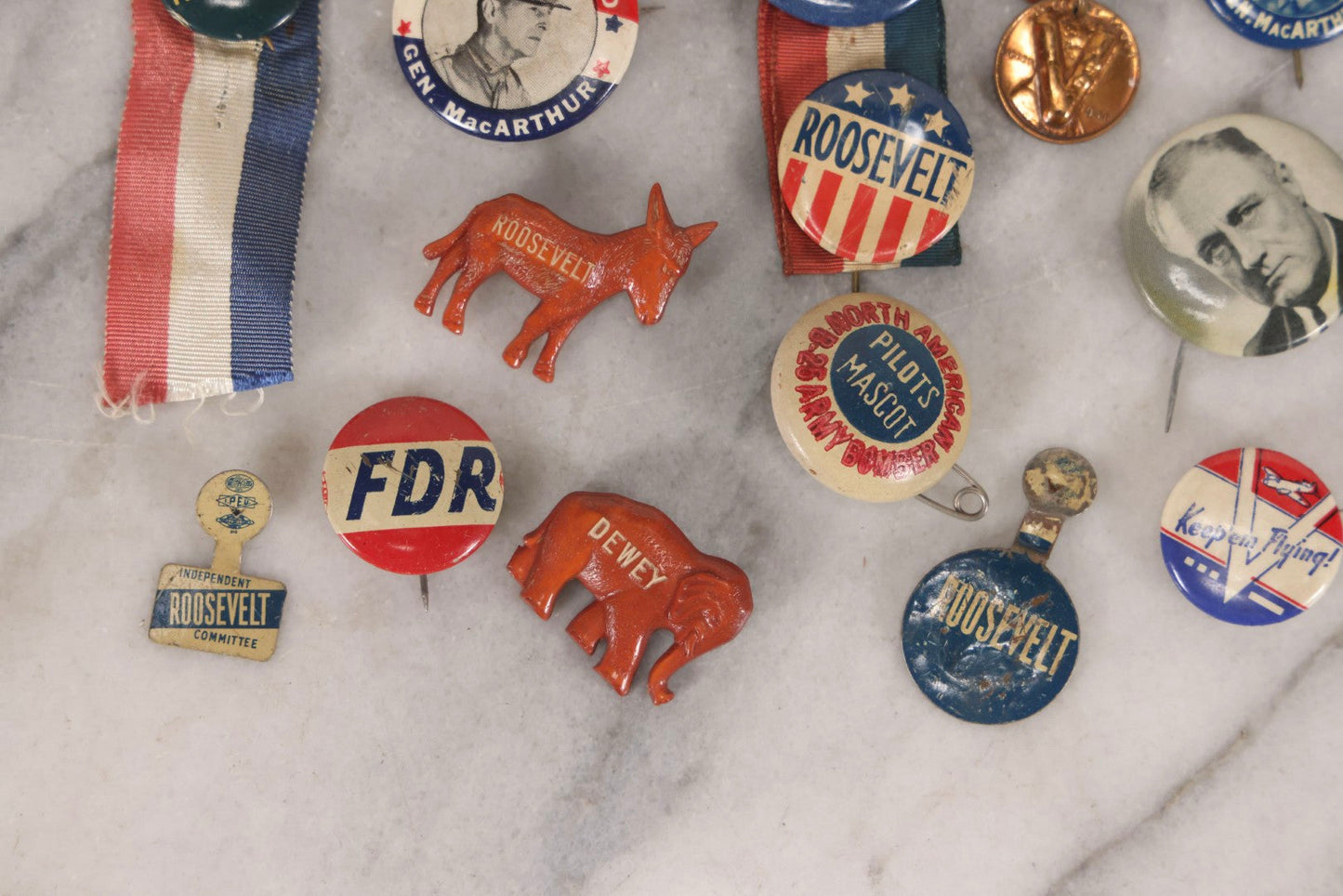 Lot 186 - Grouping Of 20 Vintage Franklin D. Roosevelt Era Political Buttons And Badges Including “Remember Pearl Harbor,” “To Hell With Hitler,” And Democratic Donkey Pin